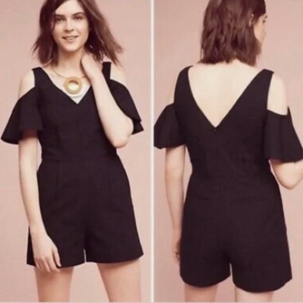 Anthropologie Elevenses Black V-Neck Flutter Sleeves Cold Shoulder Romper Size 6 - Picture 2 of 12